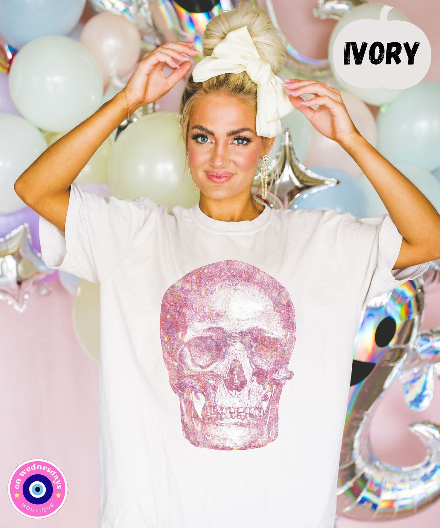 Pink Skull Shirt for Women, Designer Skull T-Shirt, Women's Halloween Shirt, Shortsleeve Shirt with Skeleton, Holographic Shirt