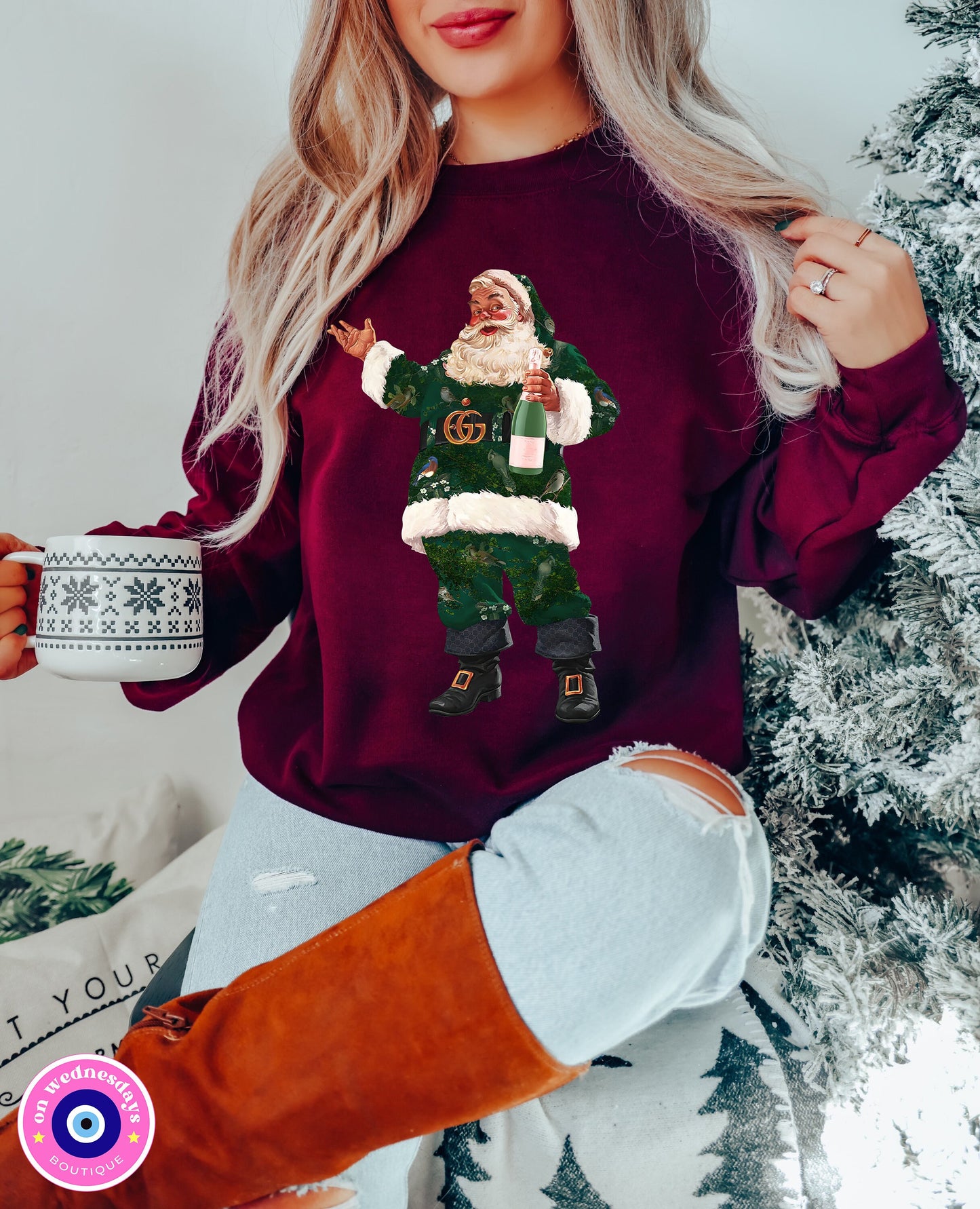 Luxe Santa Crewneck, Trendy Santa Sweater, Fashion Santa, Retro Christmas Santa, Champagne Santa Sweatshirt, Gift For Her
