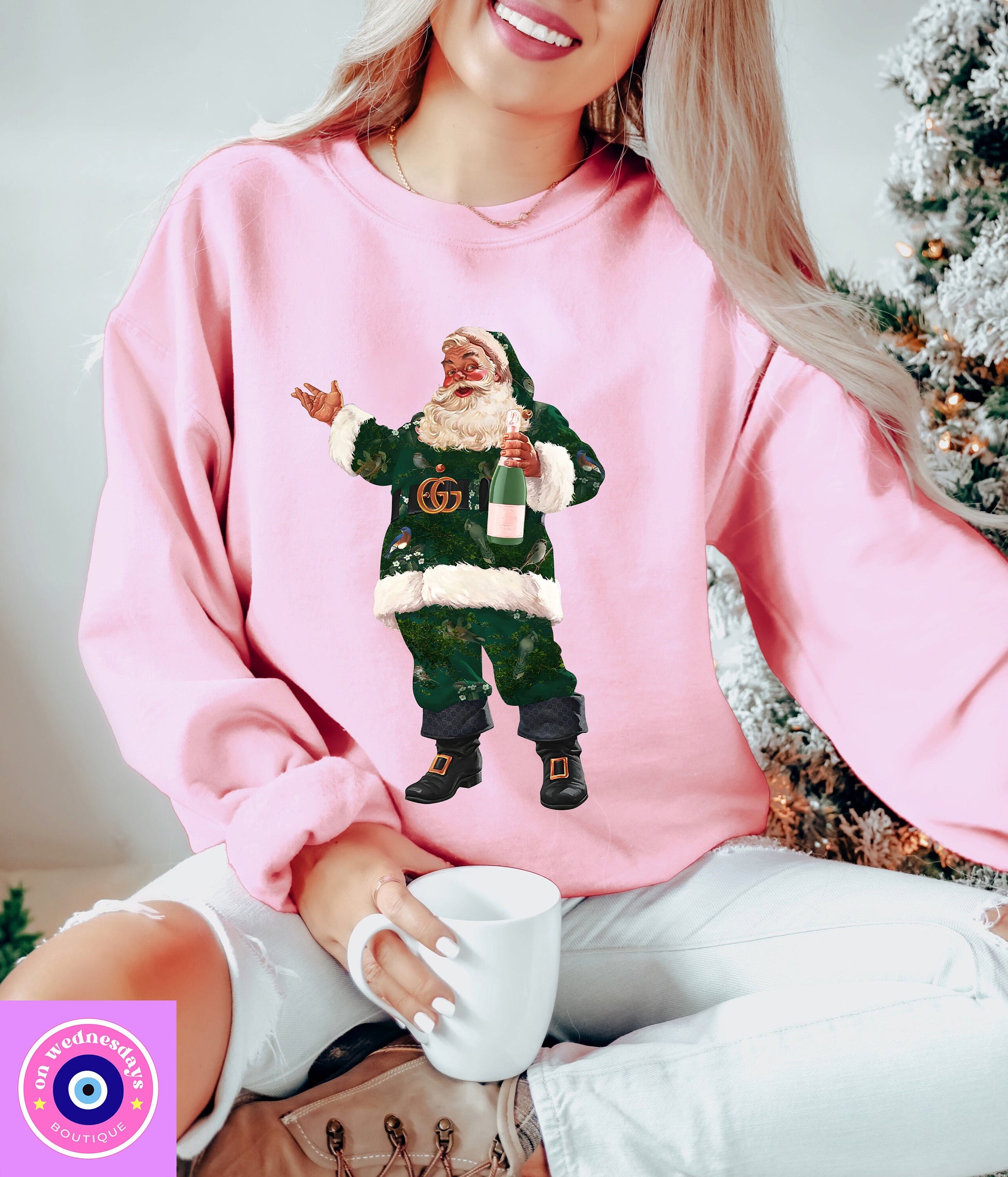 Luxe Santa Crewneck, Trendy Santa Sweater, Fashion Santa, Retro Christmas Santa, Champagne Santa Sweatshirt, Gift For Her