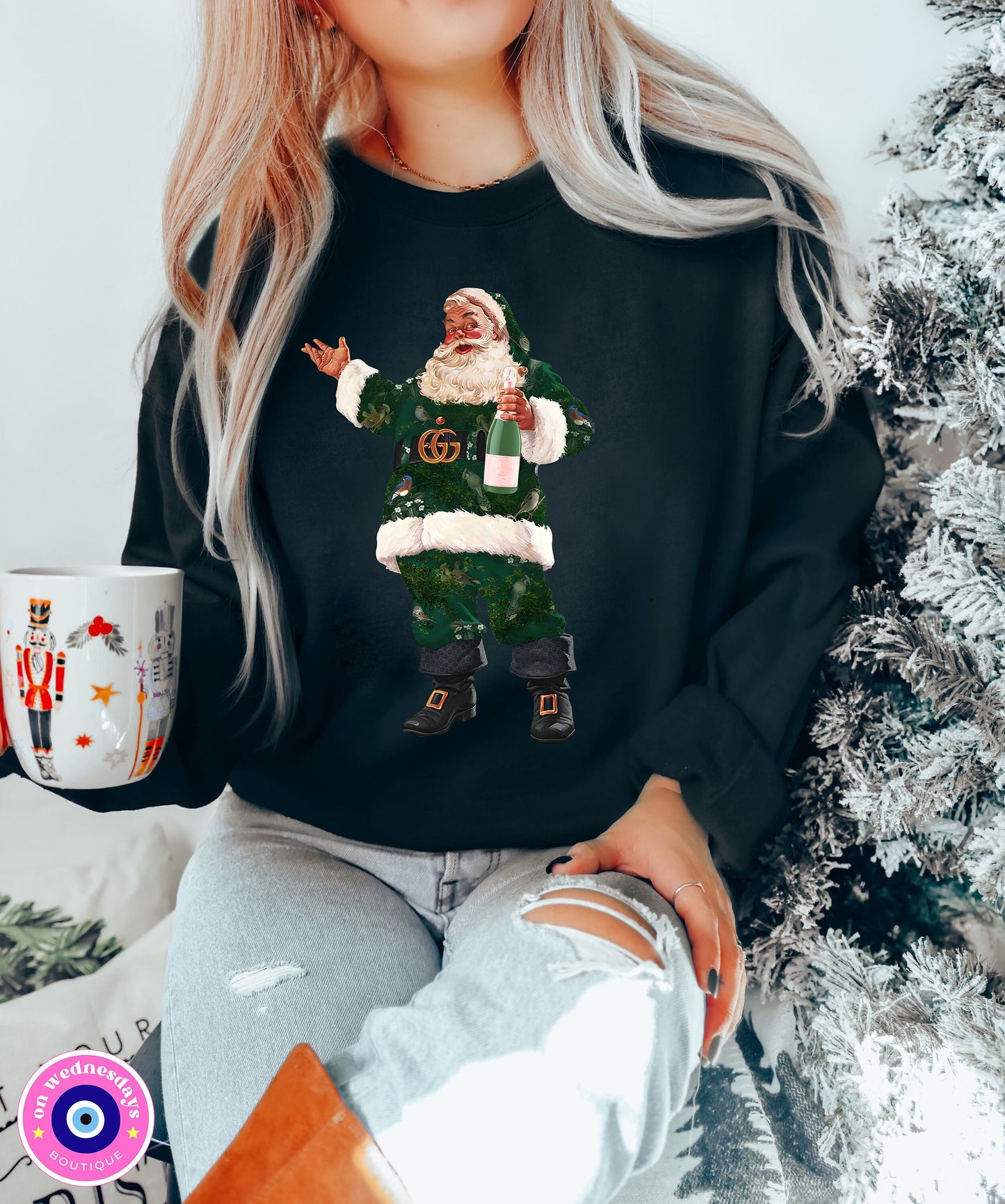 Luxe Santa Crewneck, Trendy Santa Sweater, Fashion Santa, Retro Christmas Santa, Champagne Santa Sweatshirt, Gift For Her