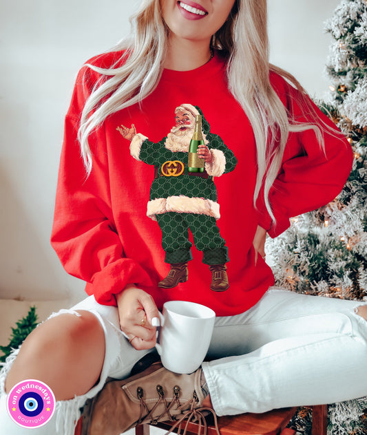 Champagne Santa Christmas Crewneck, Retro Santa Sweater, Vintage Santa Sweatshirt, Holiday Sweater for Women, Christmas Sweater for Women