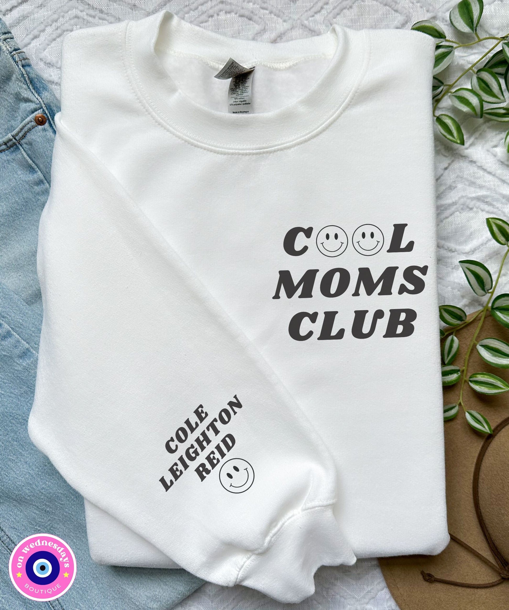 Cool Moms Club Sweatshirt with Names On Sleeve, Retro Sweatshirt for Mom, Womens Sweatshirt with Custom Names, Christmas Gift For Mom