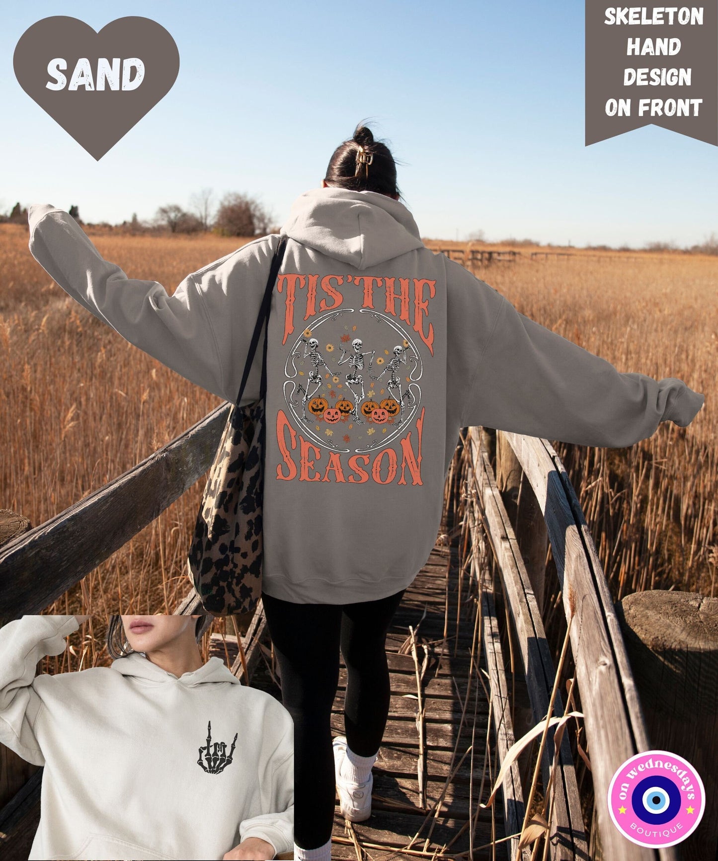 Fall Sweatshirt Words On Back Hoodie, Halloween Sweatshirt with Skeletons, Skeleton Hand Shirt for Women, Gift For Her, Oversized Hoodie