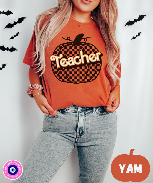 Teacher Halloween Shirt for Teacher Teams, Teacher Tee, Checkered Teacher Shirt for Halloween, Halloween Teacher Shirt for Teacher Teams