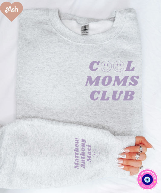 Cool Moms Club Sweatshirt with Names On Sleeve, Retro Sweatshirt for Mom, Womens Sweatshirt with Custom Names, Christmas Gift For Mom