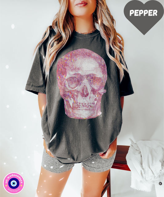 Pink Skull Shirt for Women, Designer Skull T-Shirt, Women's Halloween Shirt, Shortsleeve Shirt with Skeleton, Holographic Shirt